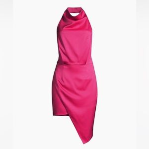 Elliatt Lilah Satin Halter Asymmetric Sheath Dress in Fuchsia